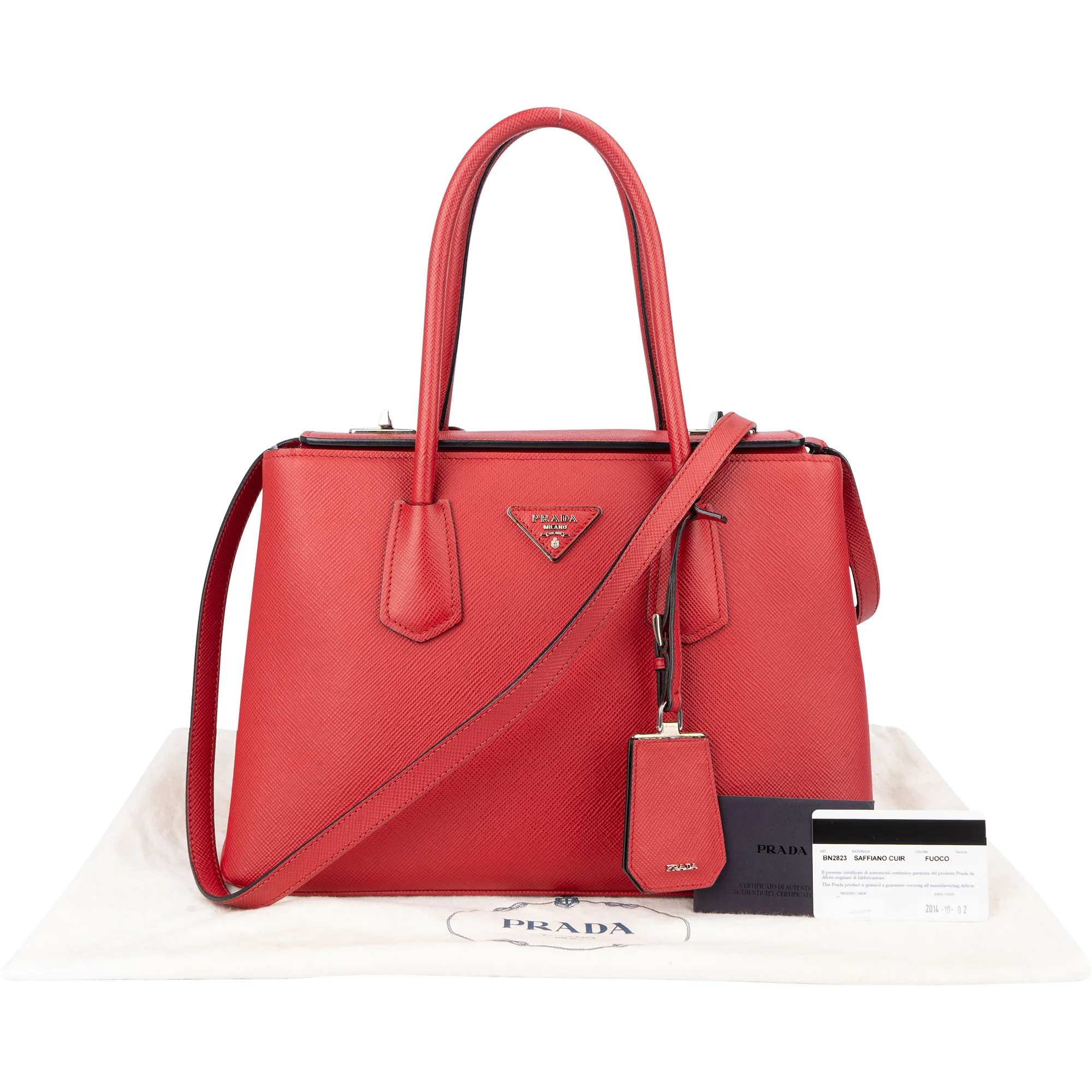Prada Red Saffiano Leather Turnlock Double Handbag