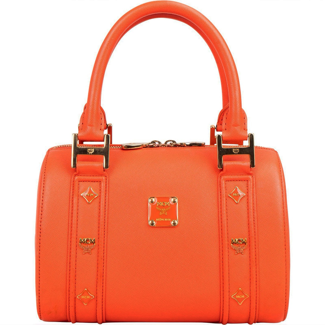 MCM Orange Grained Leather Essential Studded Small Boston Bag