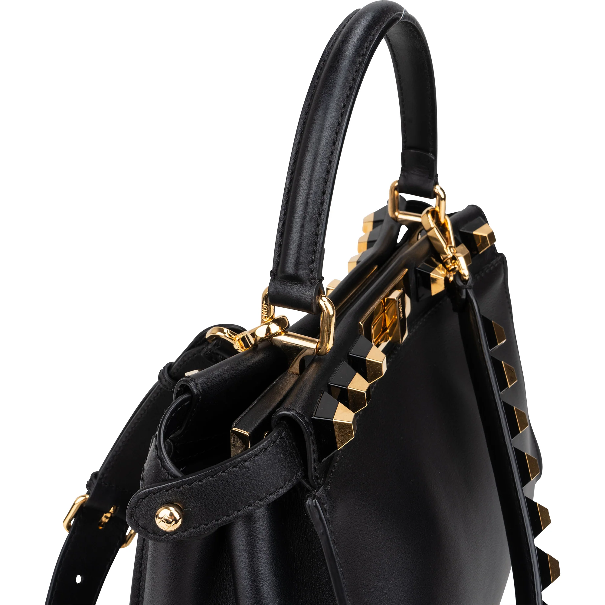 Fendi Noir Leather Gold Edition Spikes Peekaboo Handbag
