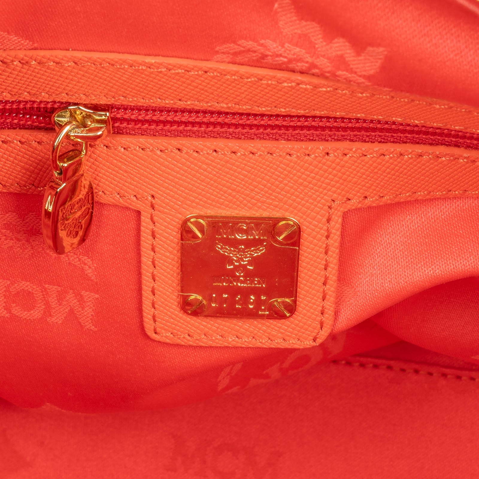 MCM Orange Grained Leather Essential Studded Small Boston Bag