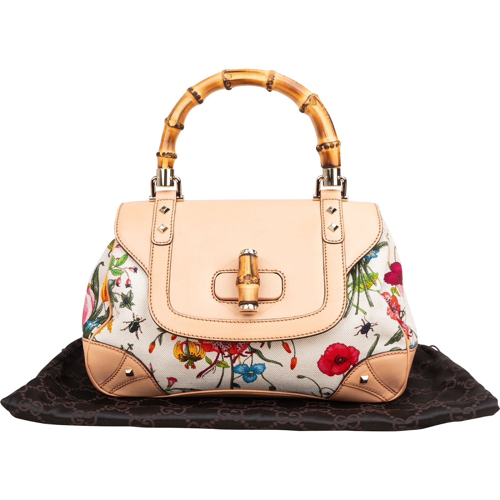 Gucci Rose Leather Flora Print Canvas Bamboo Top Handle Handbag