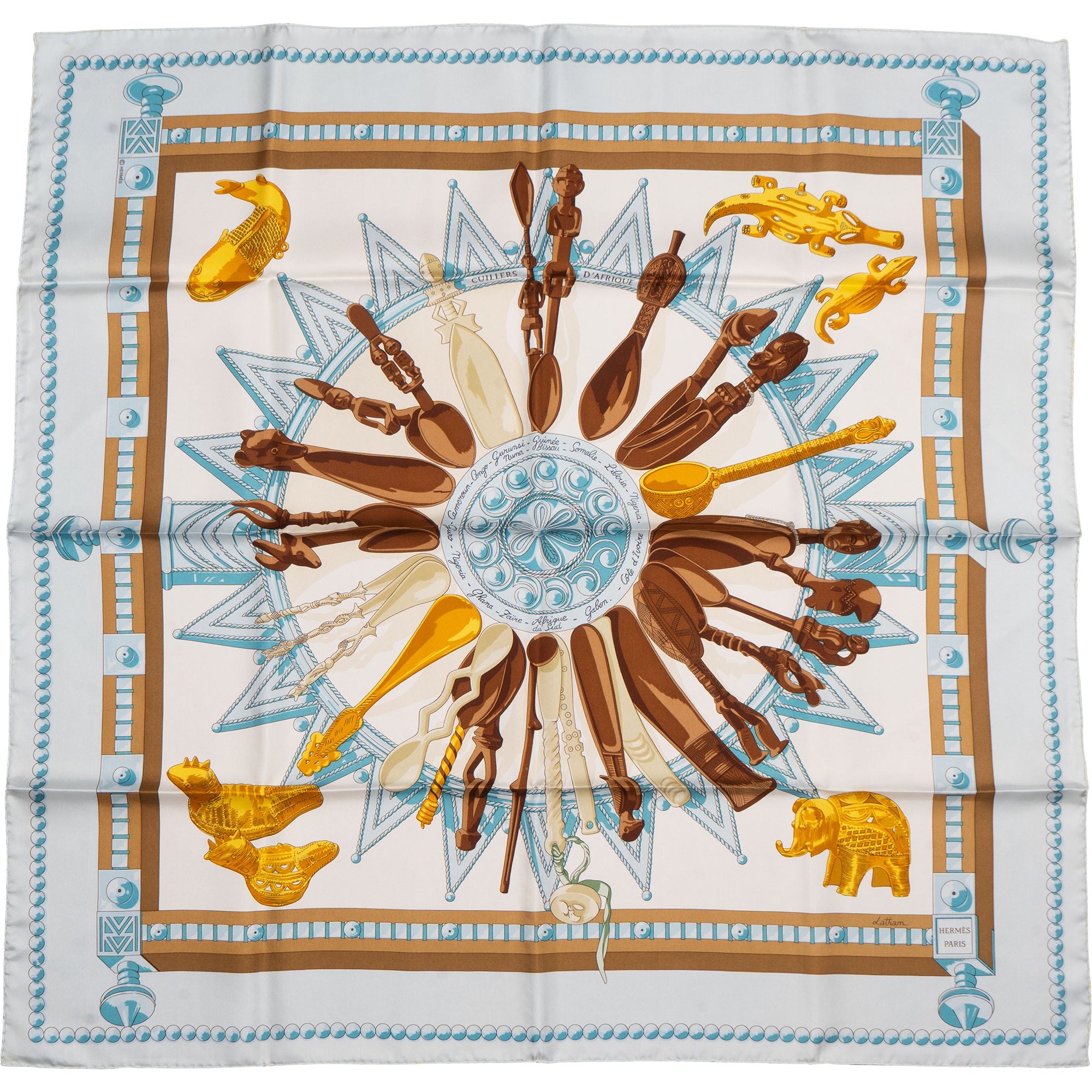 Hermès Classic "Cuillers d`Afrique" Silk Carre 90 Scarf Tuch