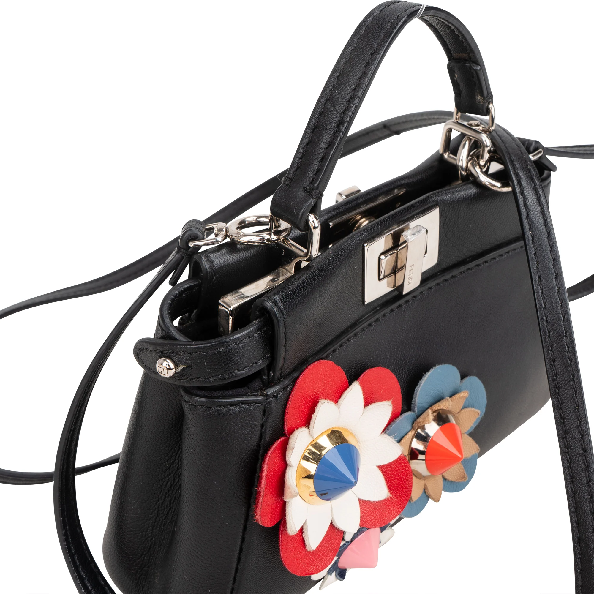 Fendi Black Leather Floral Mini Peekaboo Handbag