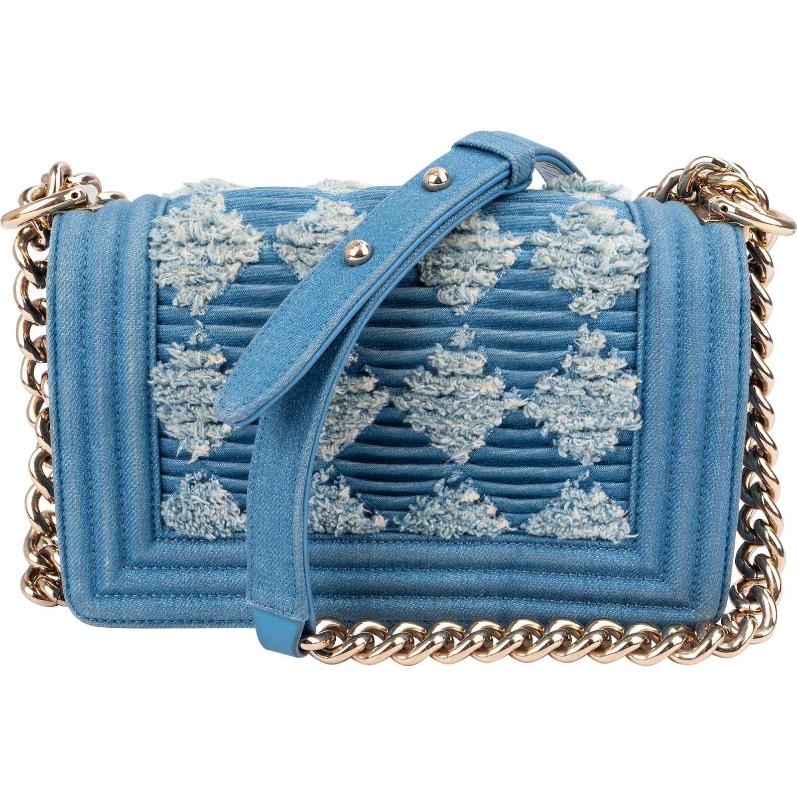 Chanel Denim Frayed Chevron Pleated Small Boy Crossbody Bag