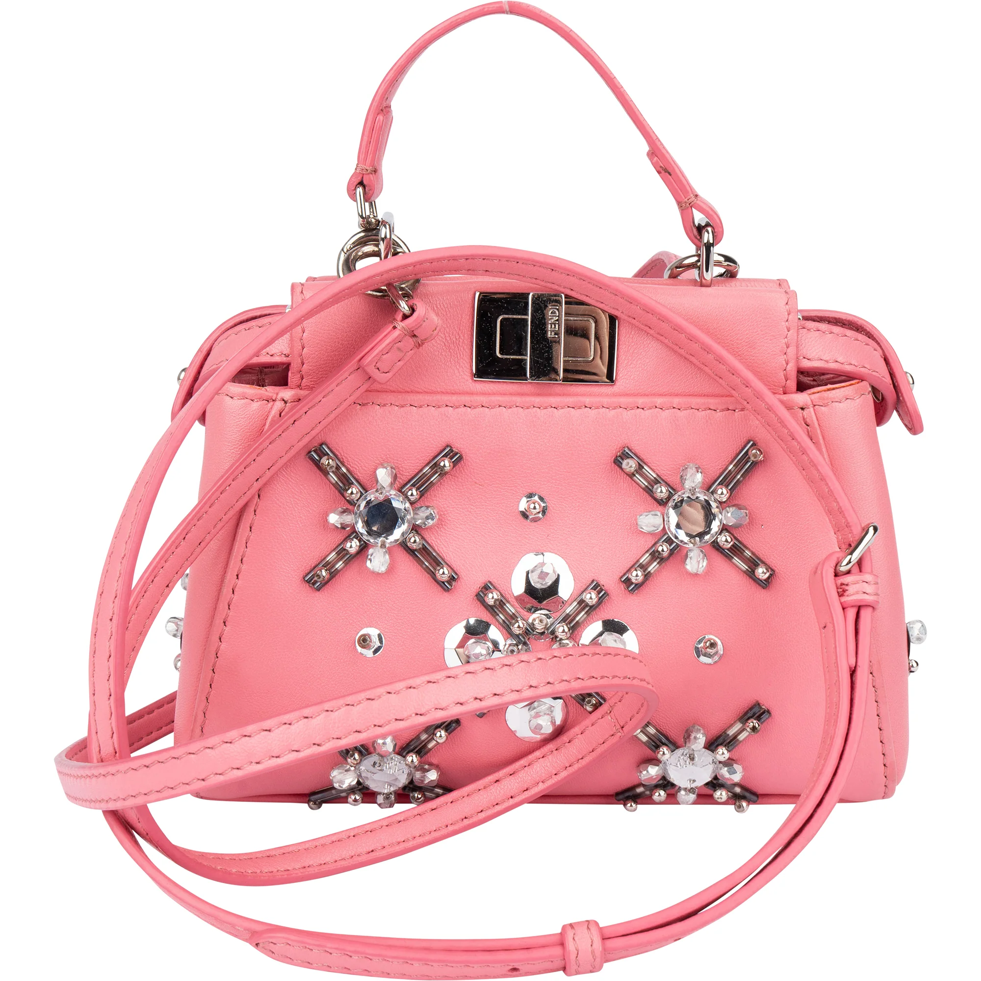 Fendi Pink Leather Crystal Micro Peekaboo Handbag