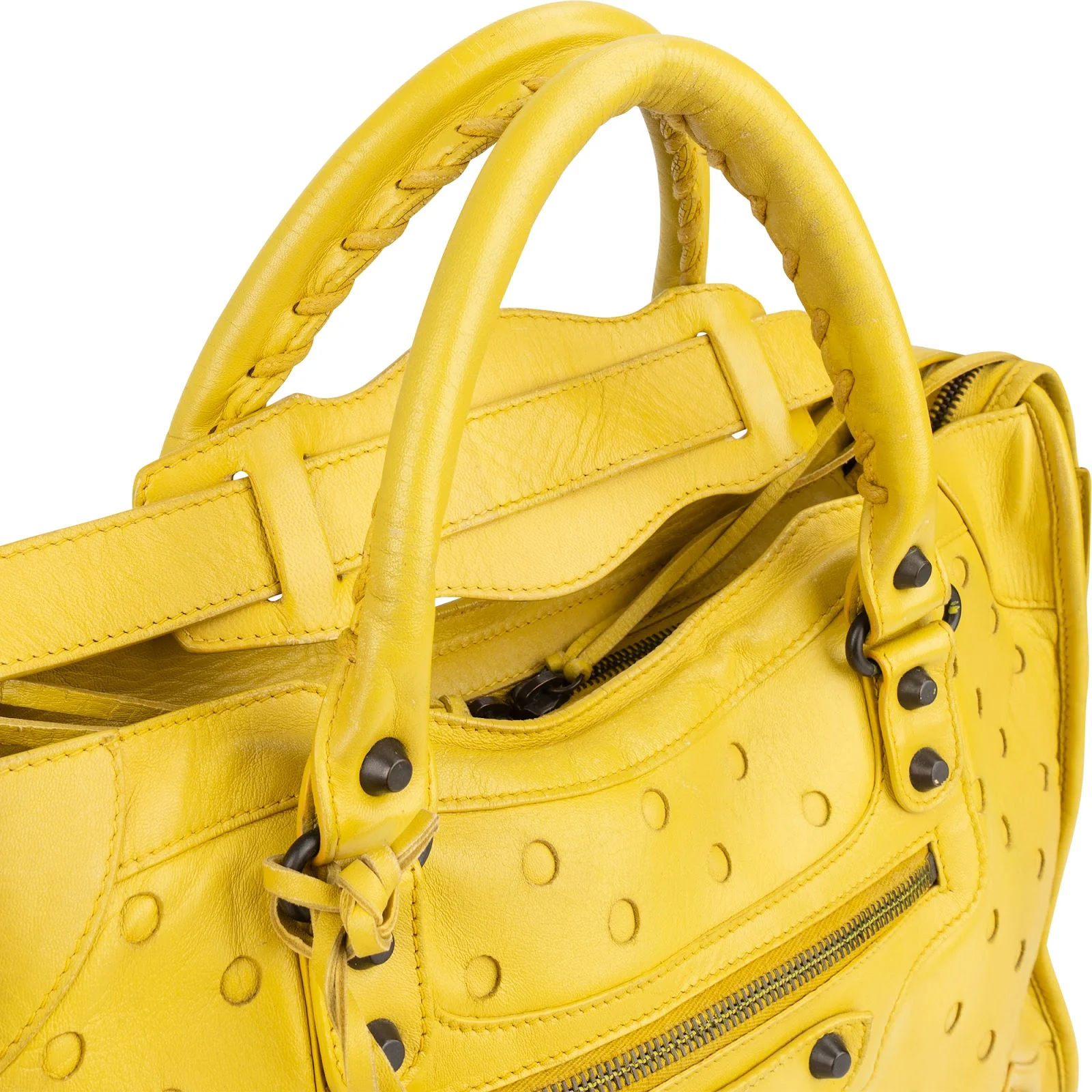 Balenciaga Yellow Perforated Leather City Handbag