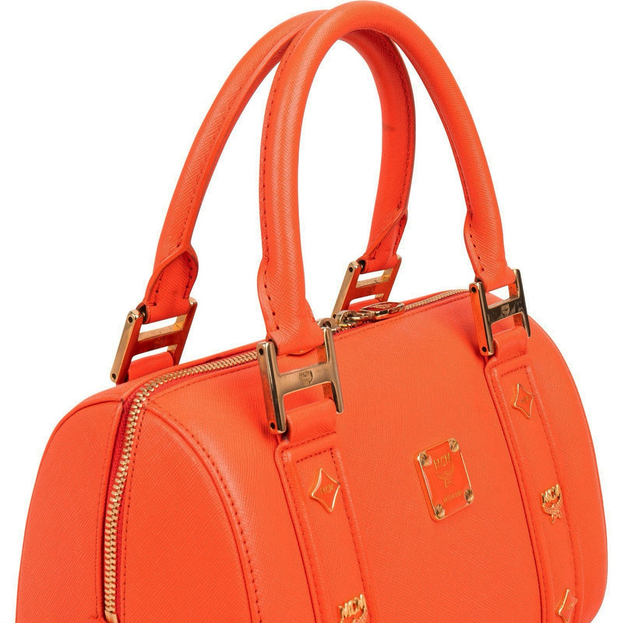 MCM Orange Grained Leather Essential Studded Small Boston Bag