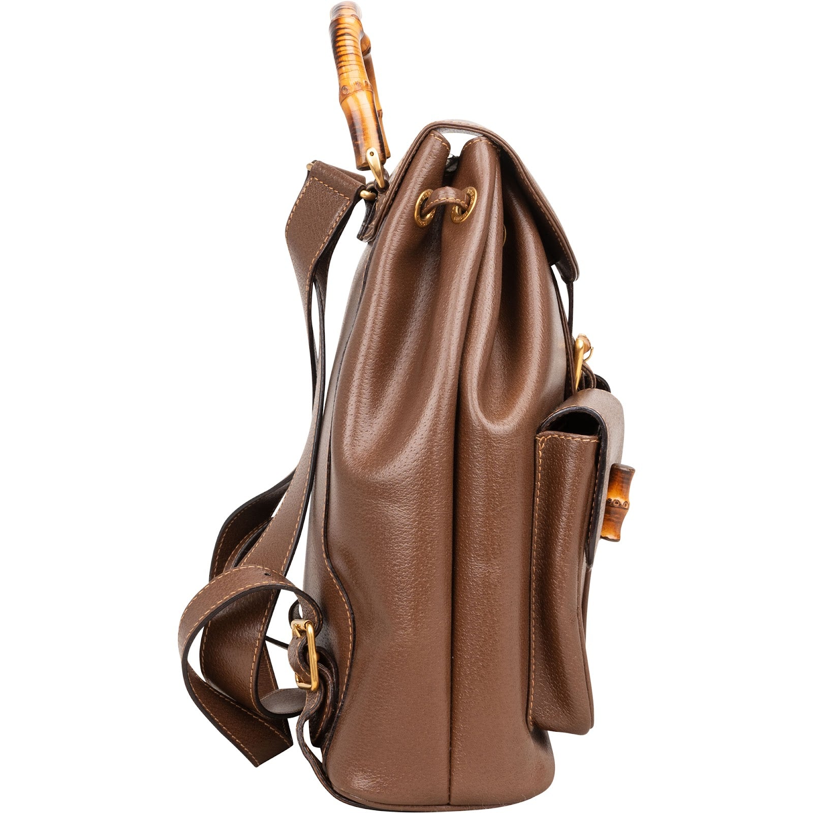 Gucci Brown Pebbled Leather Bamboo Drawstring Backpack