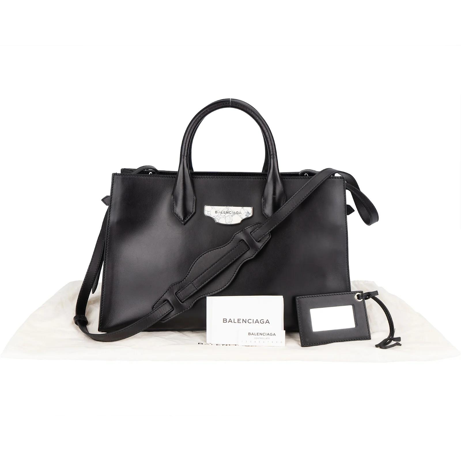 Balenciaga Black Leather Marble Padlock Tote Shoulder Bag