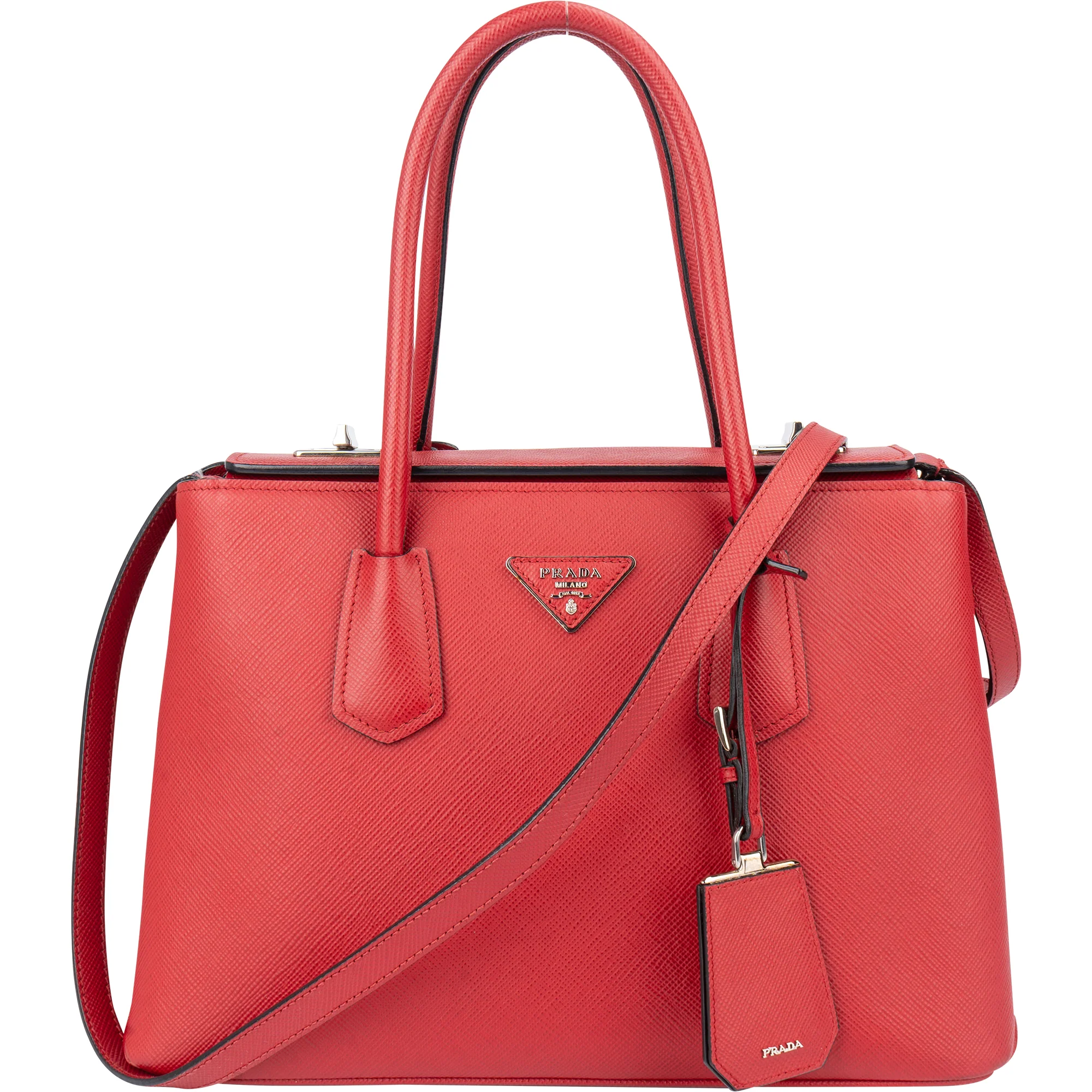Prada Red Saffiano Leather Turnlock Double Handbag