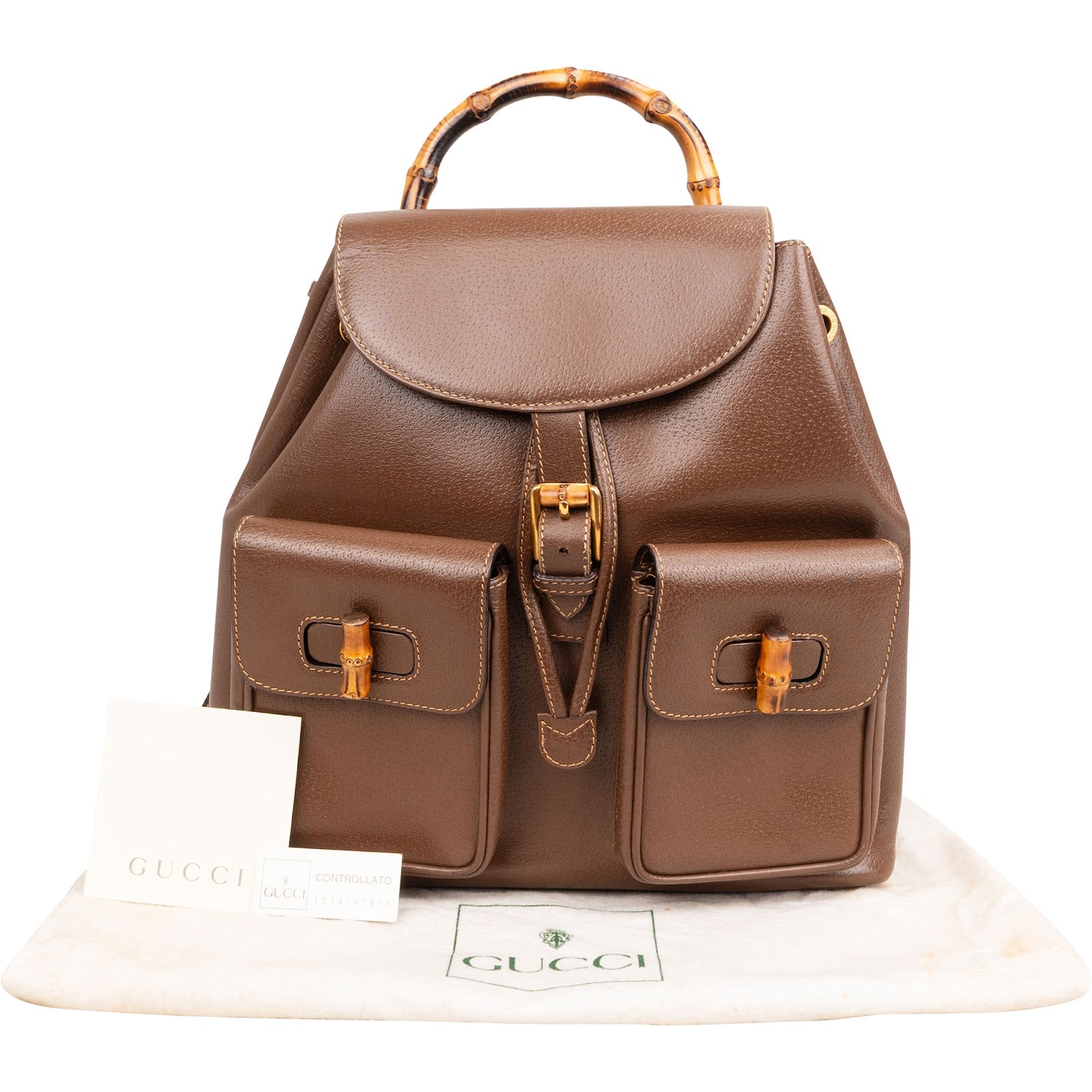 Gucci Brown Pebbled Leather Bamboo Drawstring Backpack