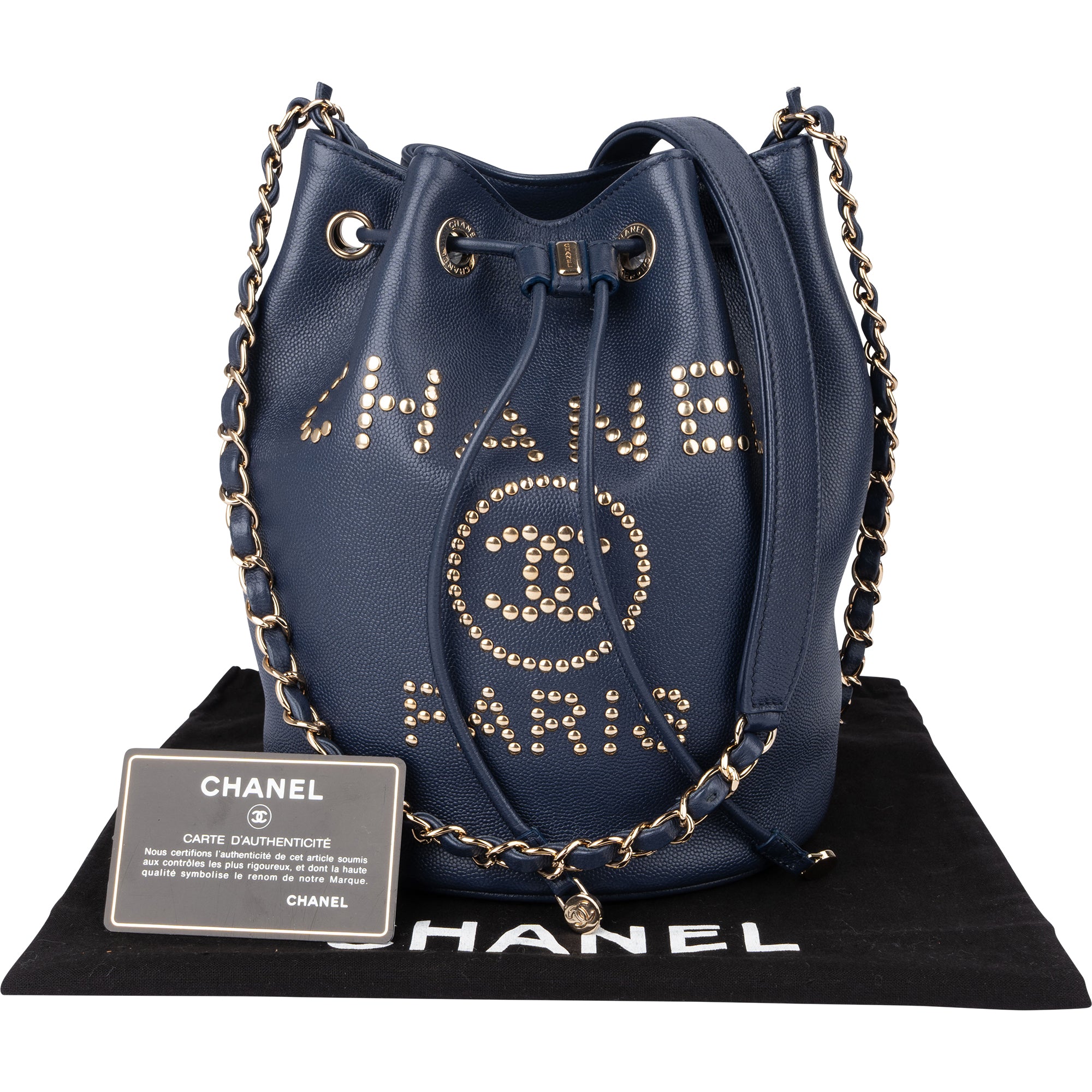 Chanel Bleu Caviar Leather Deauville Bucket Crossbody Bag