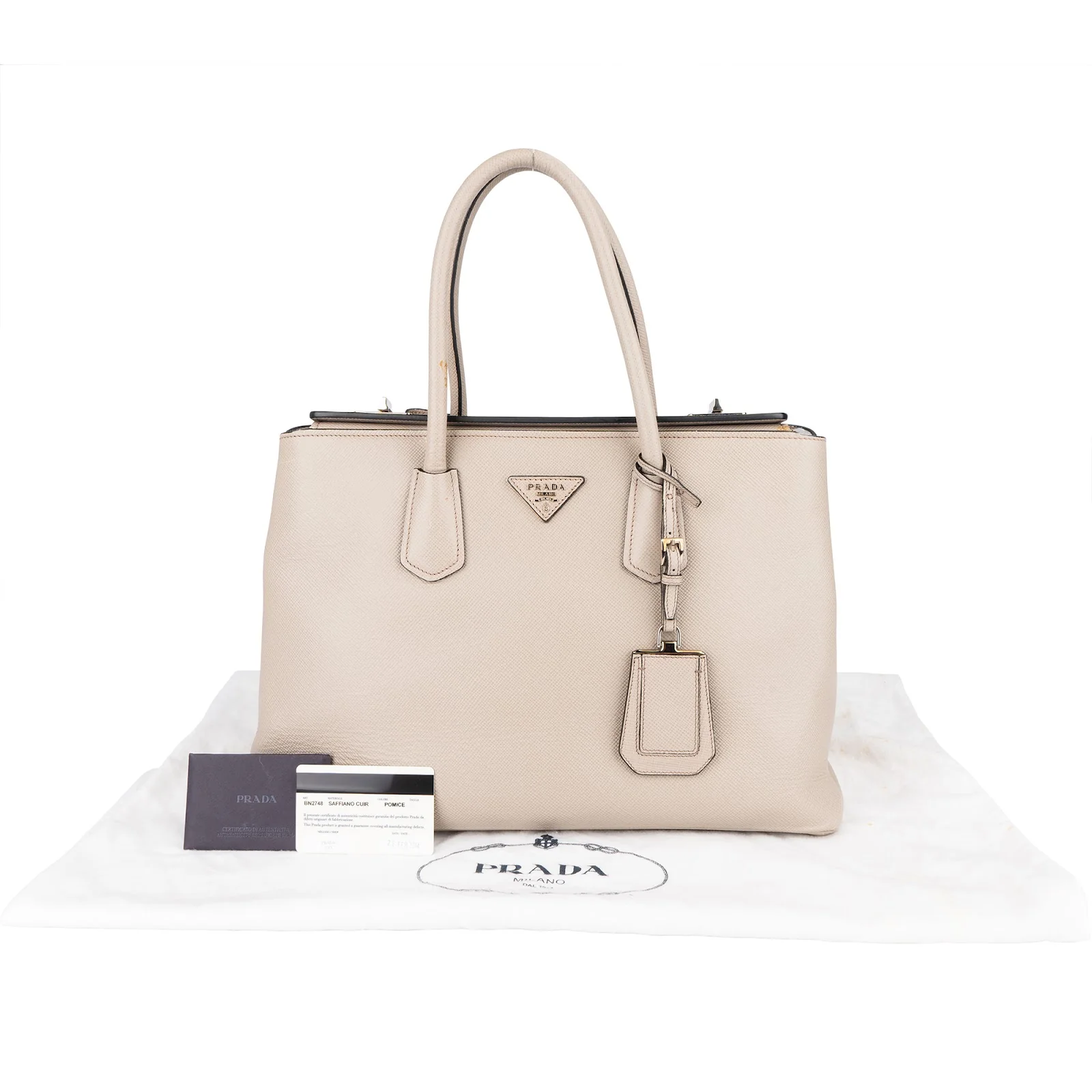 Prada Grey Saffiano Leather Turnlock Double Handbag