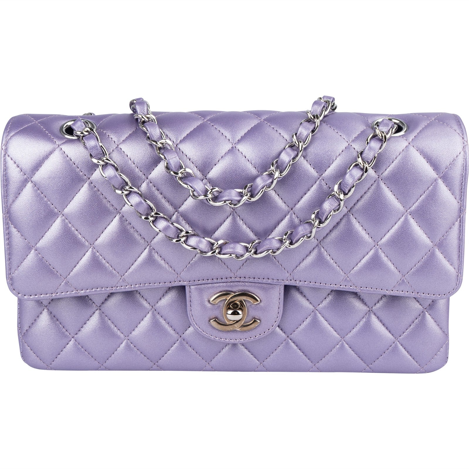 Chanel Quilted Metallic Lambskin Medium Double Flap Crossbody Bag