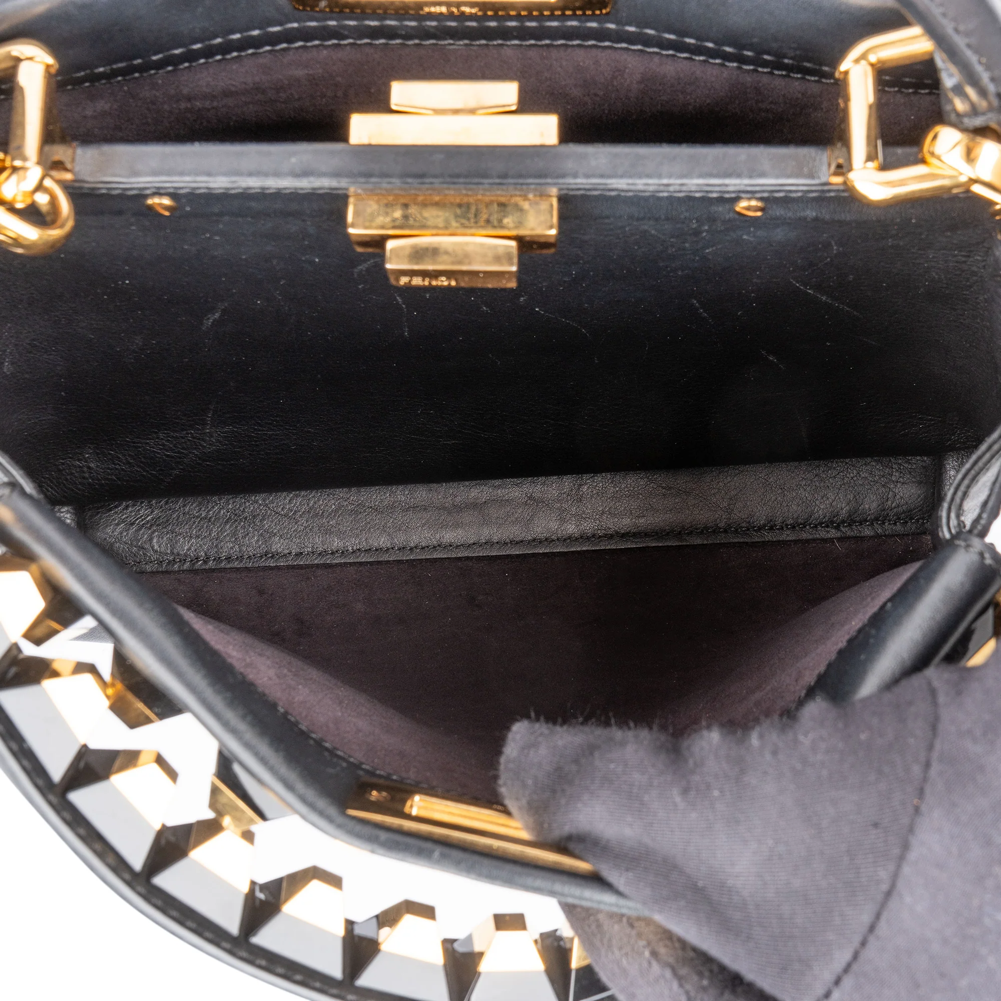 Fendi Noir Leather Gold Edition Spikes Peekaboo Handbag