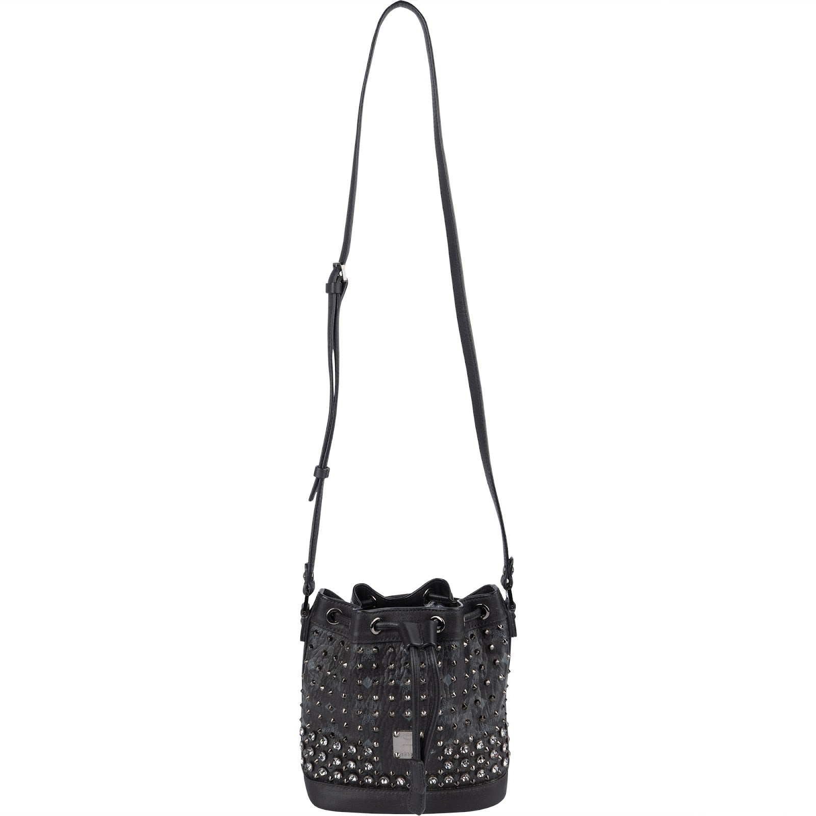 MCM Black Monogram Visetos Studded Crystal Small Bucket Crossbody Bag