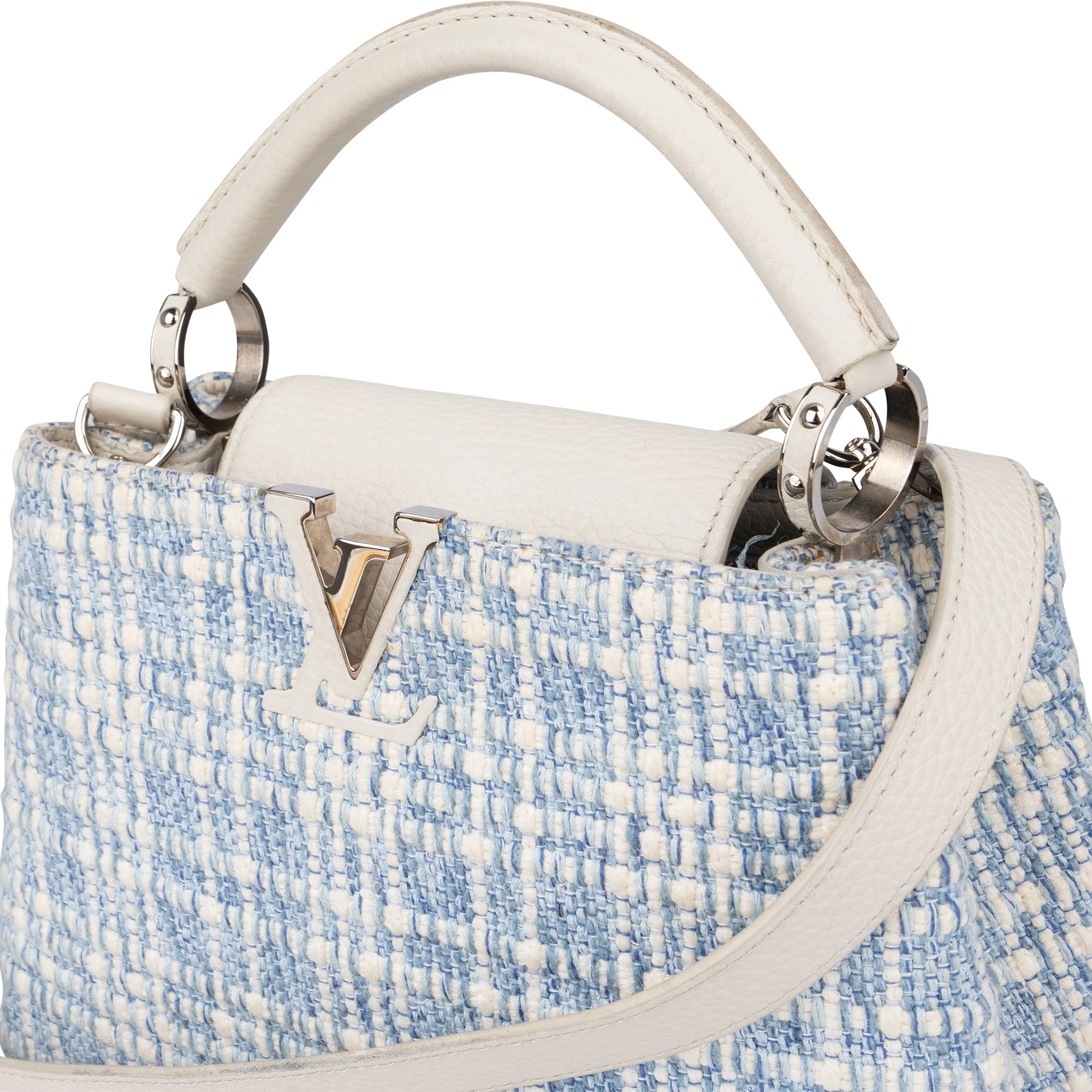 Louis Vuitton Bleu Blanco Tweed Capucines BB Handbag