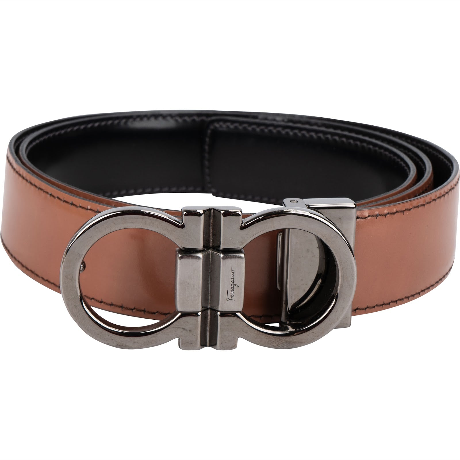 Salvatore Ferragamo Brown Leather Reversible Gancini Belt (90)