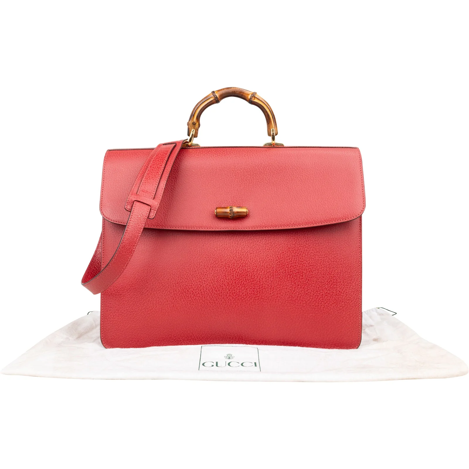 Gucci Red Grained Leather Bamboo Aktentasche Crossbody