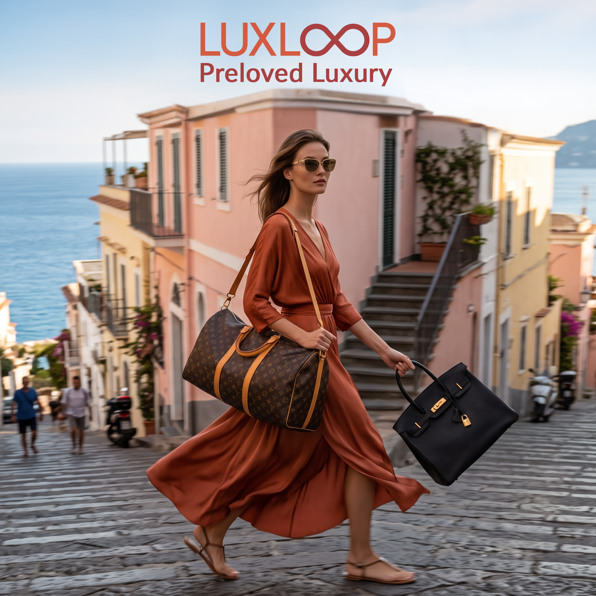 Frau mit hochwertigen Designer Taschen vor mediterraner Kulisse - Luxloop Preloved Luxury