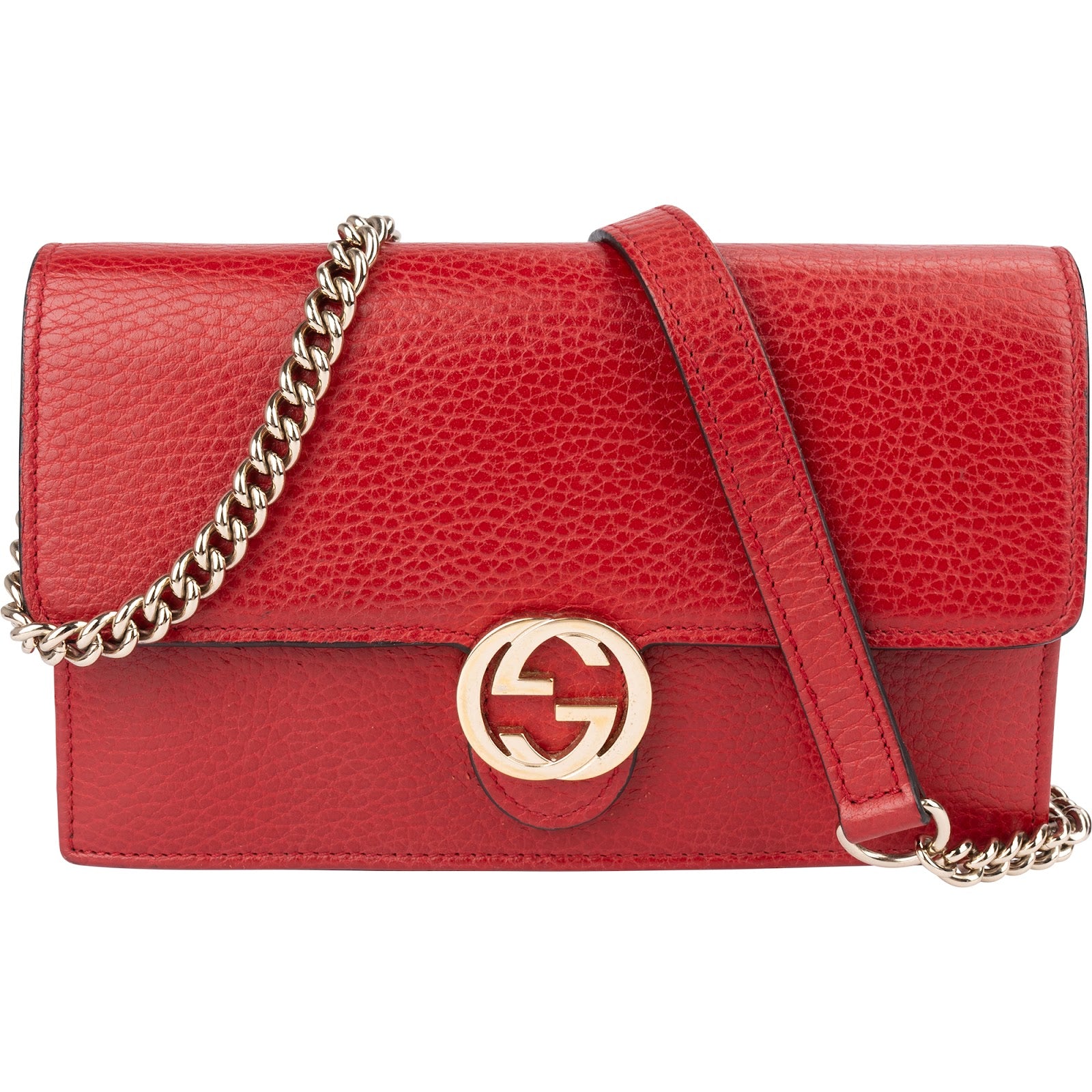 Gucci Pebbled Leather Interlocking GG Wallet On Chain