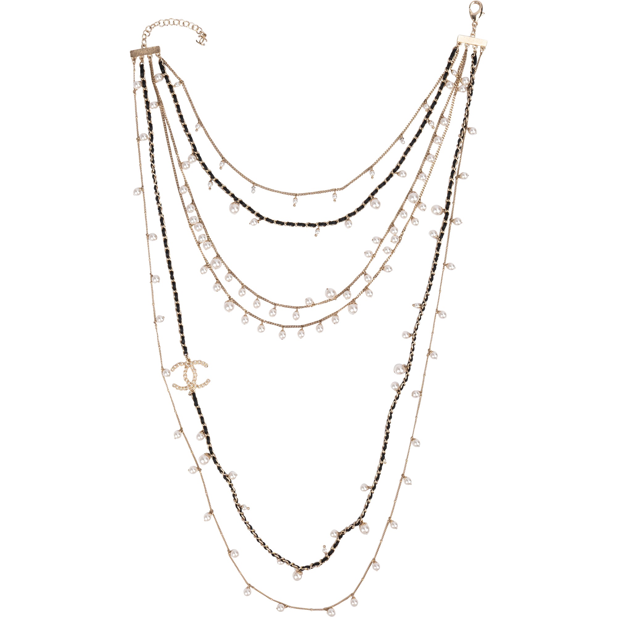 Chanel Multi-Strand Pearl Leather Chain CC Sautoir Necklace