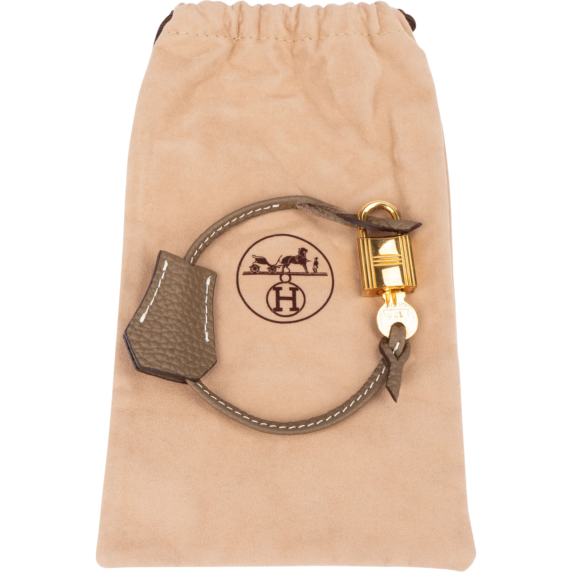 Hermès Taupe Togo Leather Clochette + Golden Padlock Schloss