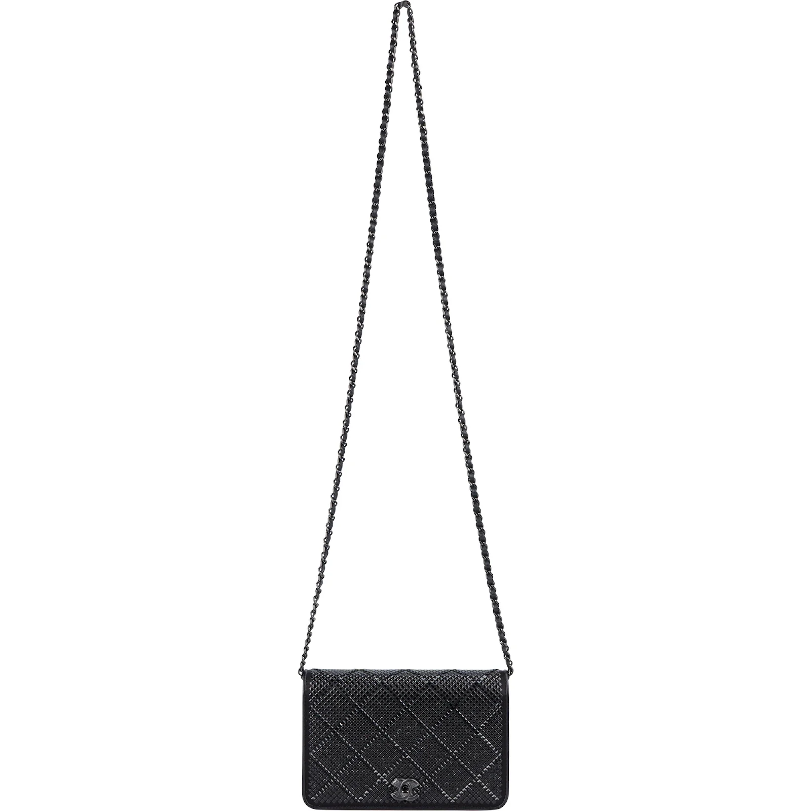 Chanel Patent Diamond Lattice Single Flap Wallet on Chain Crossbody Bag