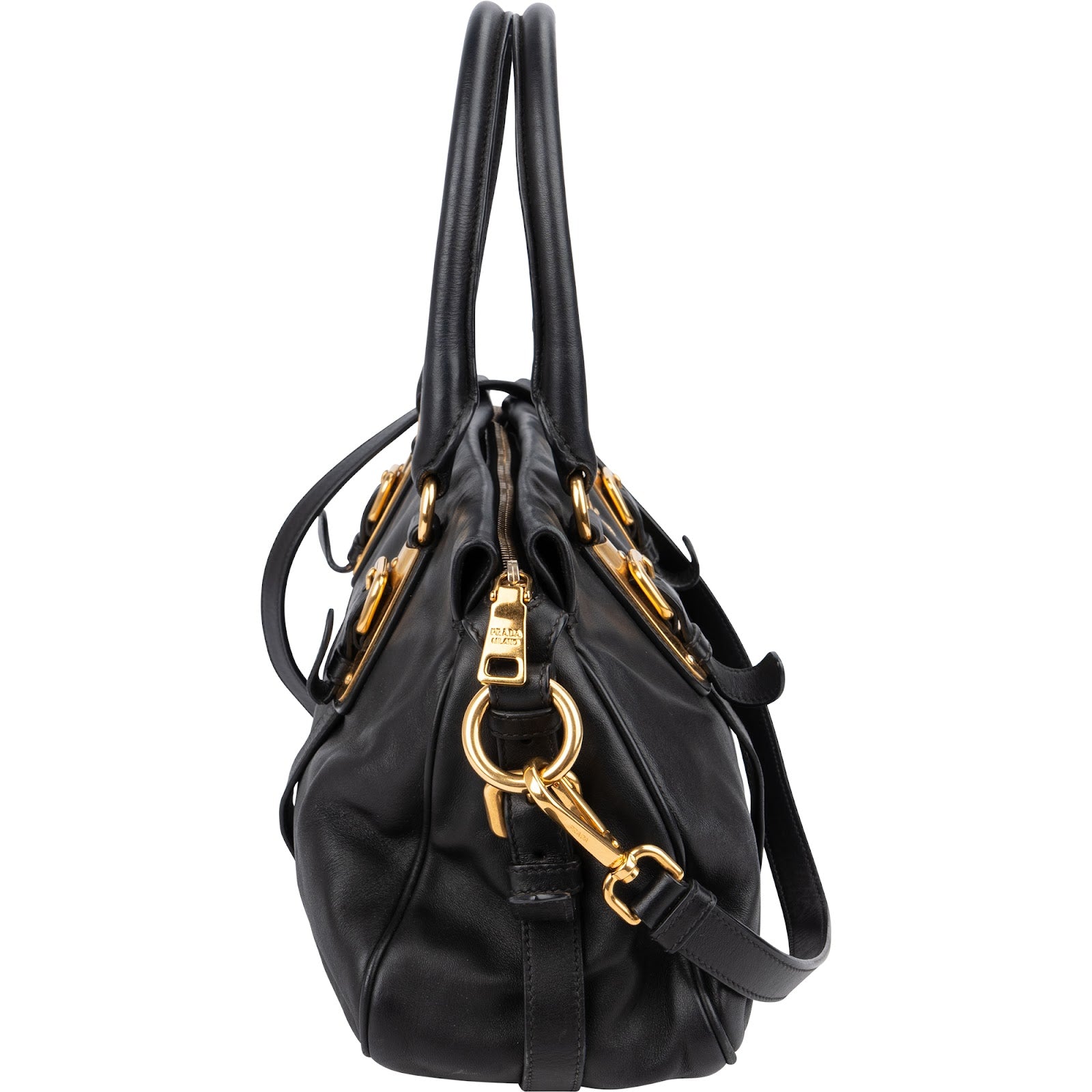 Prada Black Leather Buckle Tote Handbag
