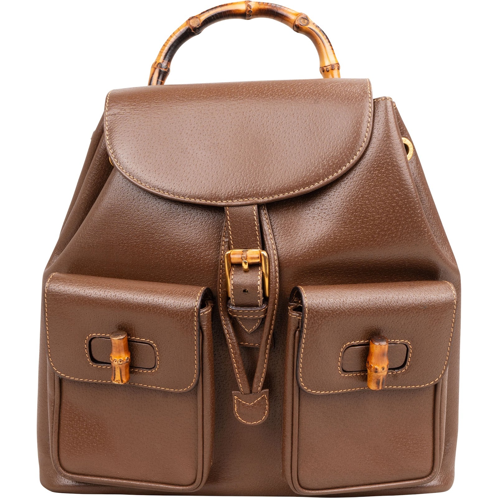 Gucci Brown Pebbled Leather Bamboo Drawstring Backpack