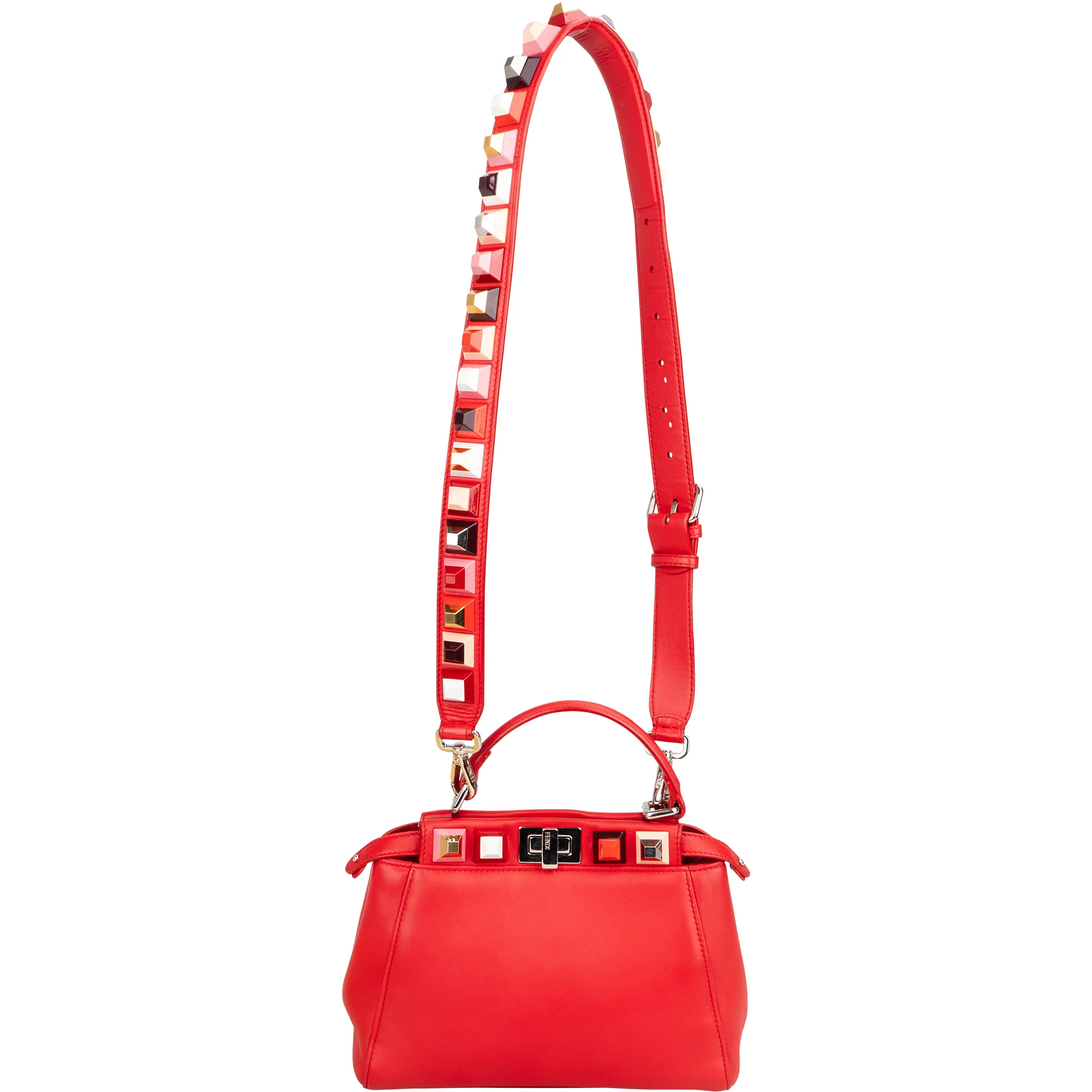 Fendi Red Leather Spikes Mini Peekaboo Handbag