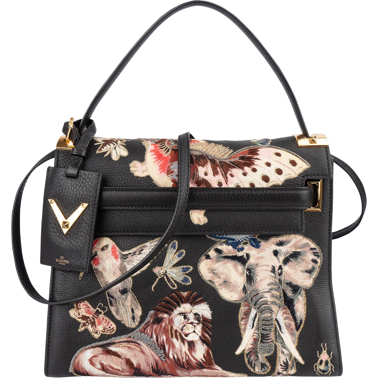Valentino Black Leather Animal Fantasia Embroidered Joylock Top Handle Handbag