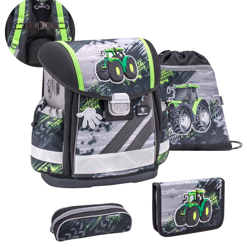 Classy Schulranzen-Set 4-teilig mit integriertem Brustgurt - Green Tractor