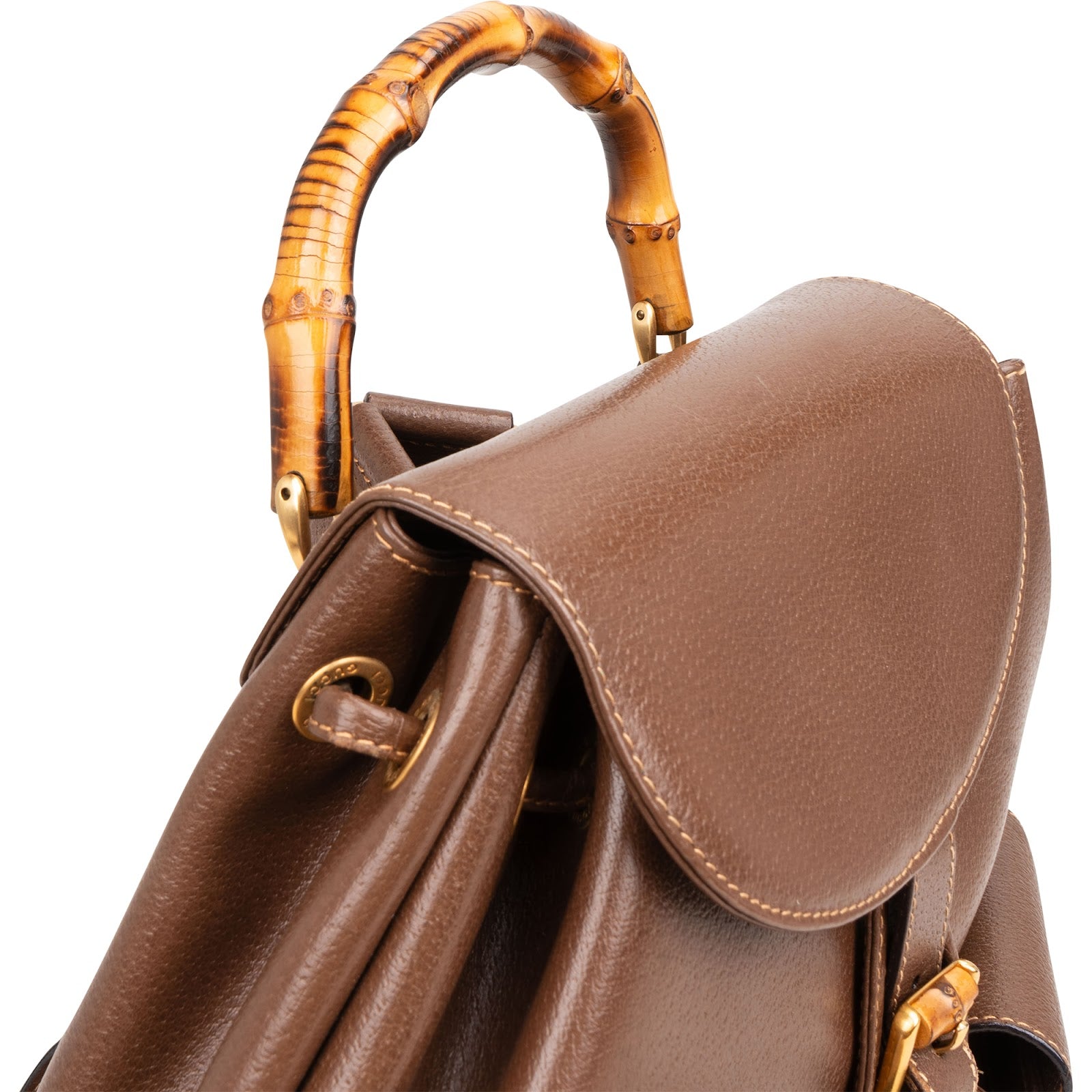 Gucci Brown Pebbled Leather Bamboo Drawstring Backpack