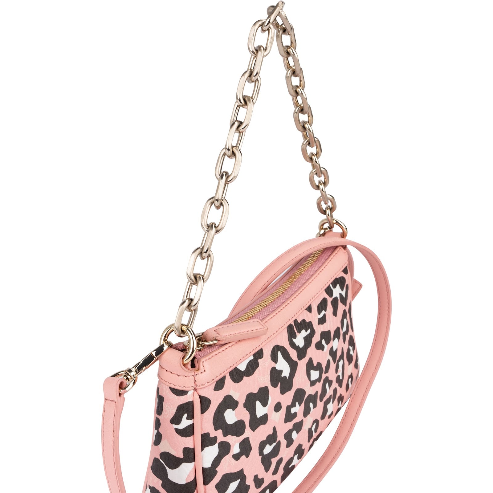 MCM Monogram Visetos Pink Leopard Print Aren Pochette Crossbody Handbag