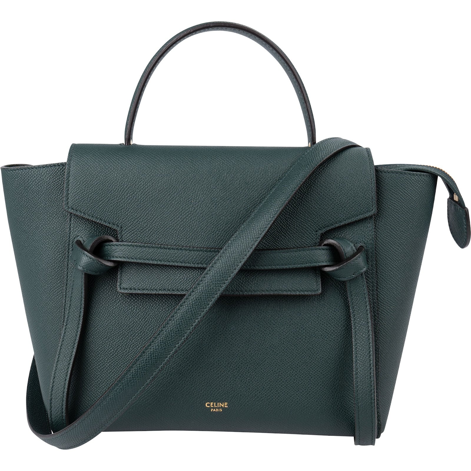 Celine Dark Green Grained Calfskin Belt Nano Handbag