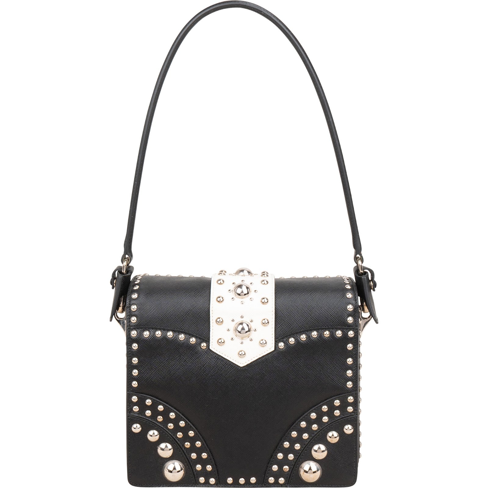 Prada Saffiano Leather Studded Fringe Turnlock Cahier Shoulder Bag