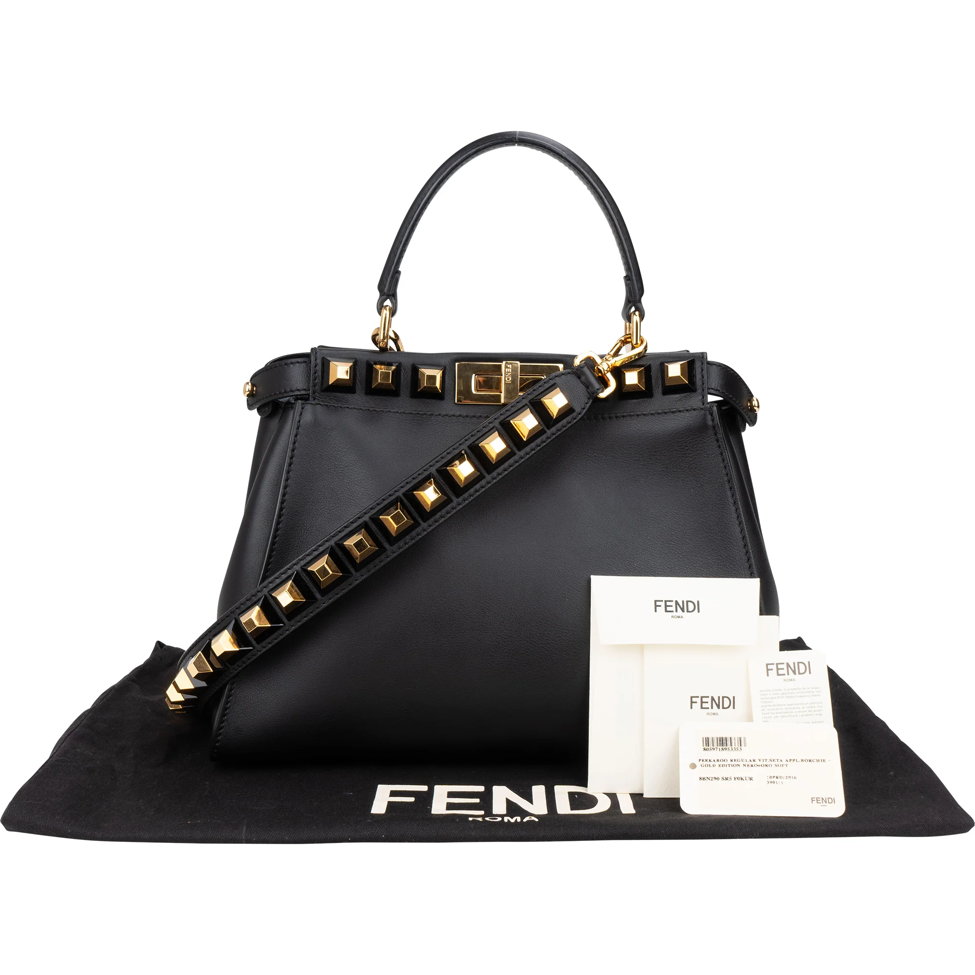 Fendi Noir Leather Gold Edition Spikes Peekaboo Handbag