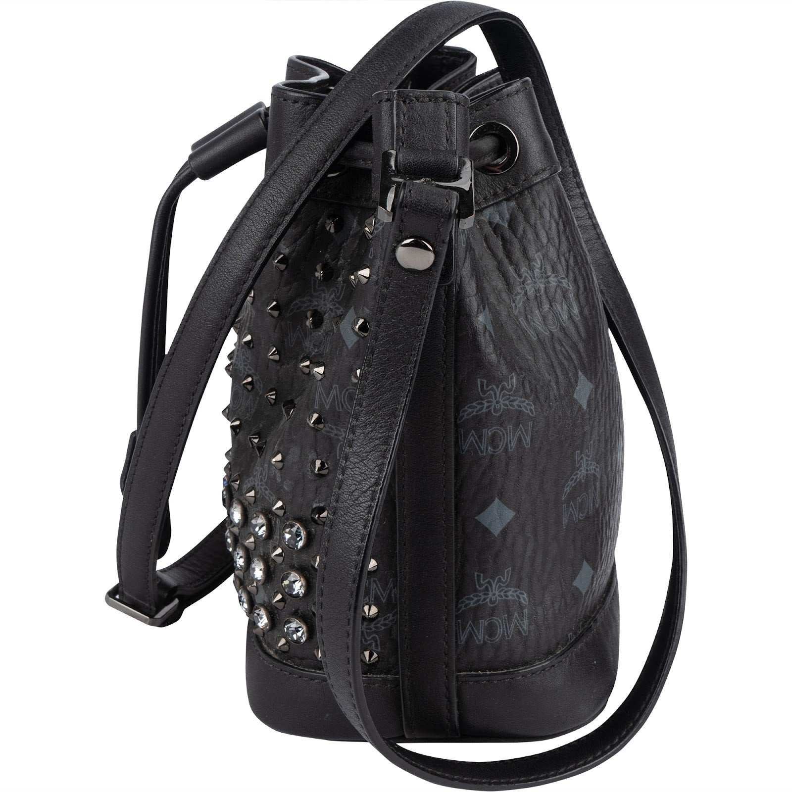 MCM Black Monogram Visetos Studded Crystal Small Bucket Crossbody Bag