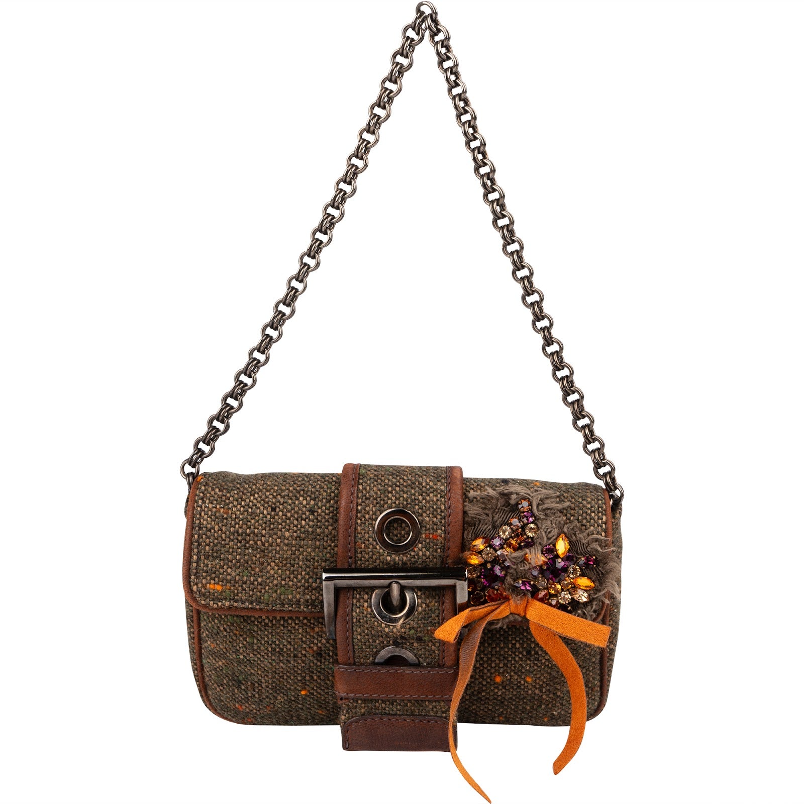 Prada - Tweed Ricamo Visone Mini Flap Shoulder Bag