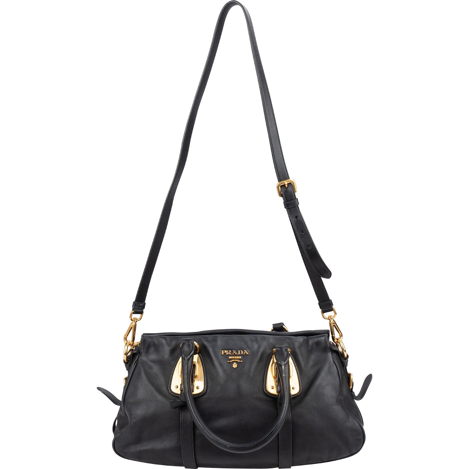 Prada Black Leather Buckle Tote Handbag