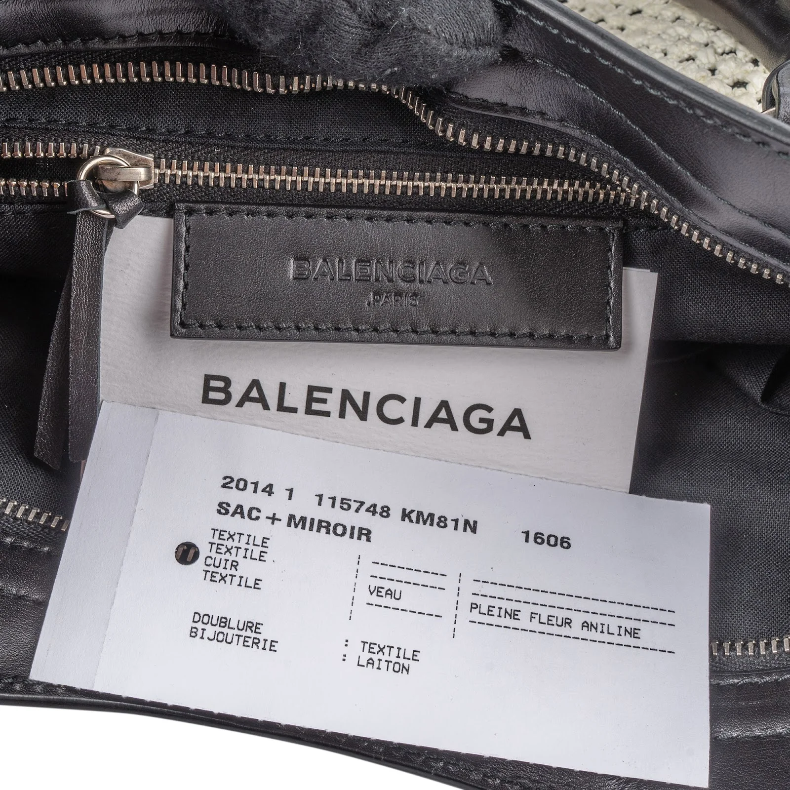 Balenciaga Black and White Raffia and Leather City Handbag