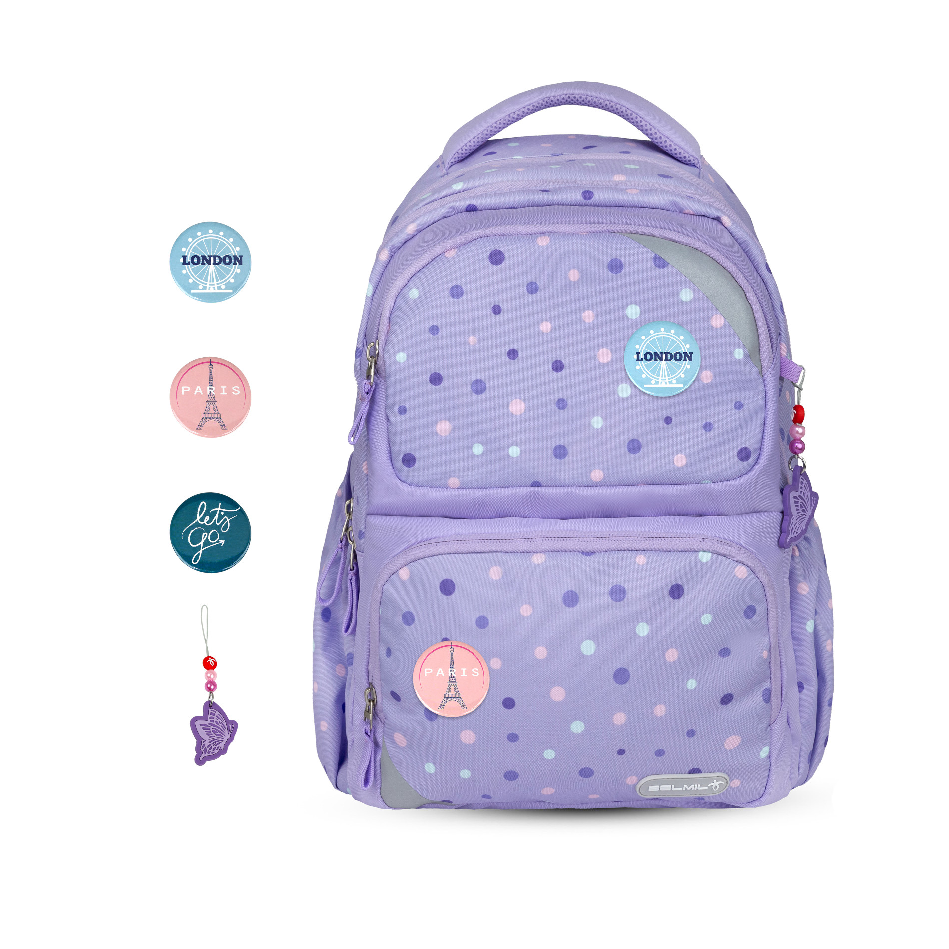 Maxi Pack Schulrucksack mit Brustgurt 2tlg. Set - "Purple Dots"