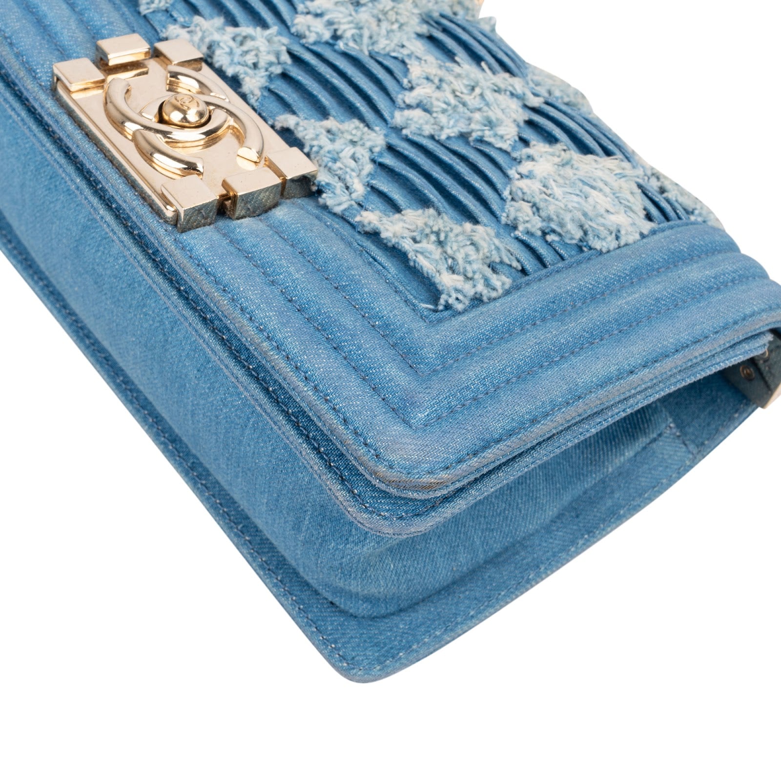 Chanel Denim Frayed Chevron Pleated Small Boy Crossbody Bag