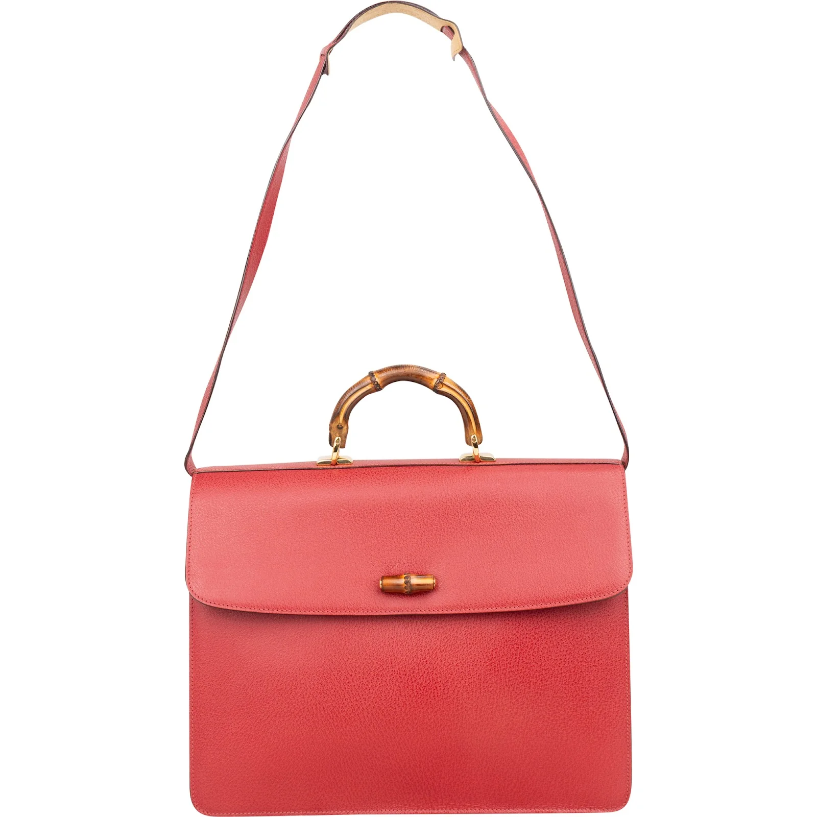 Gucci Red Grained Leather Bamboo Aktentasche Crossbody