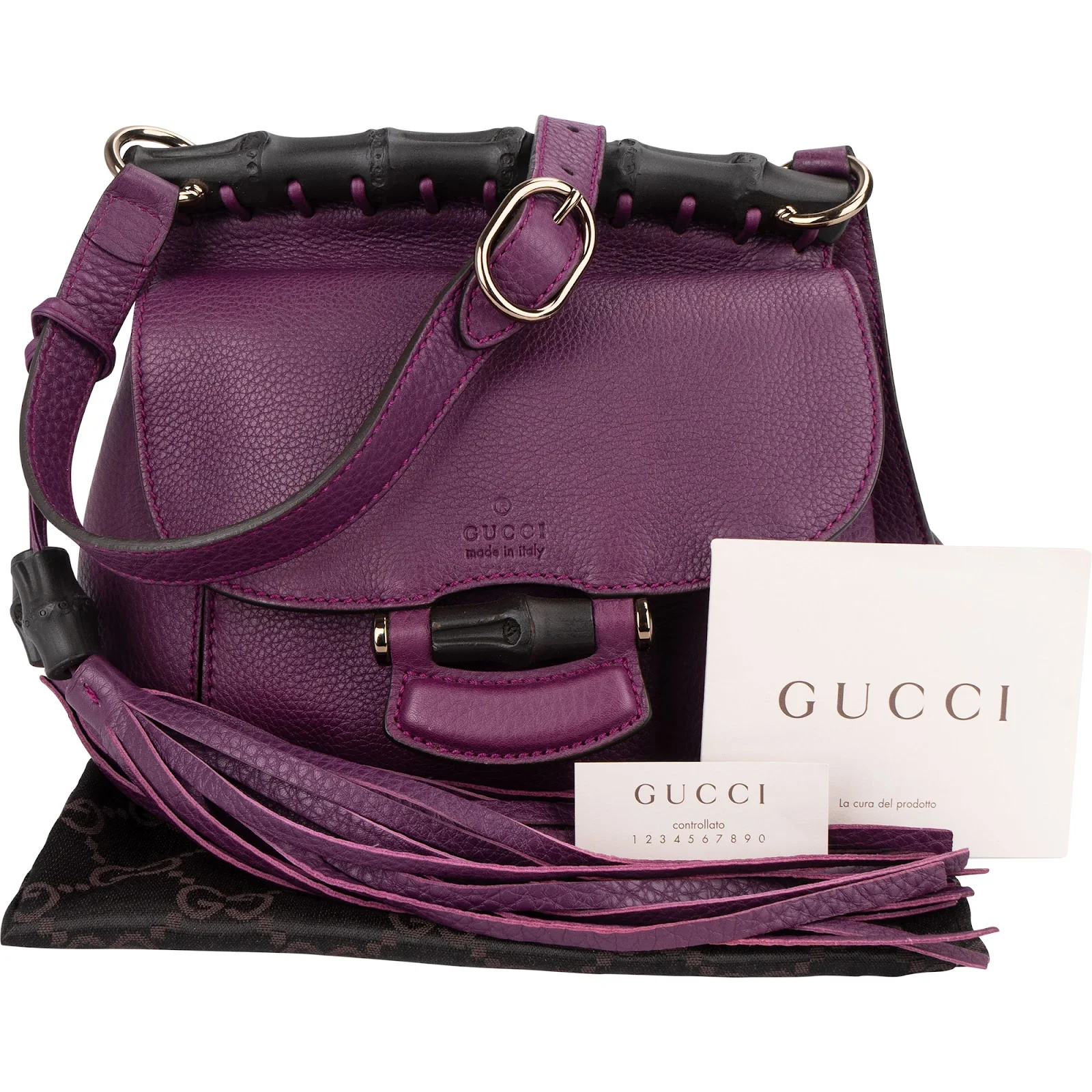 Gucci Pebbled Leather Bamboo Tassel Flap Crossbody Bag