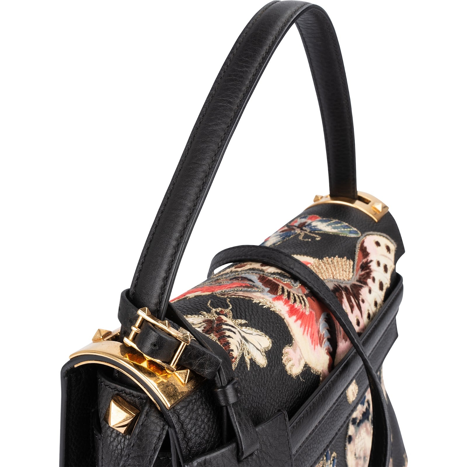 Valentino Black Leather Animal Fantasia Embroidered Joylock Top Handle Handbag