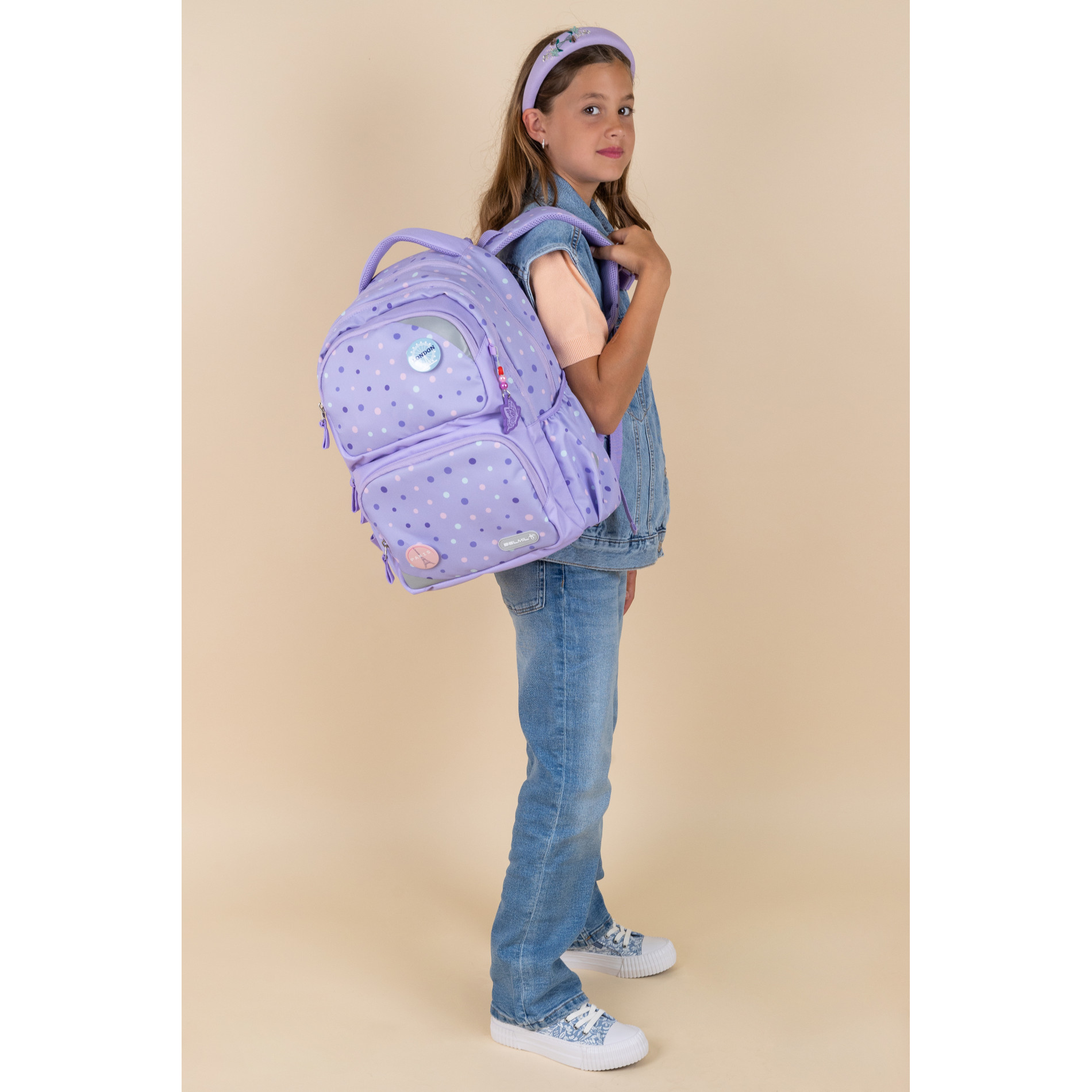Maxi Pack Schulrucksack mit Brustgurt 2tlg. Set - "Purple Dots"