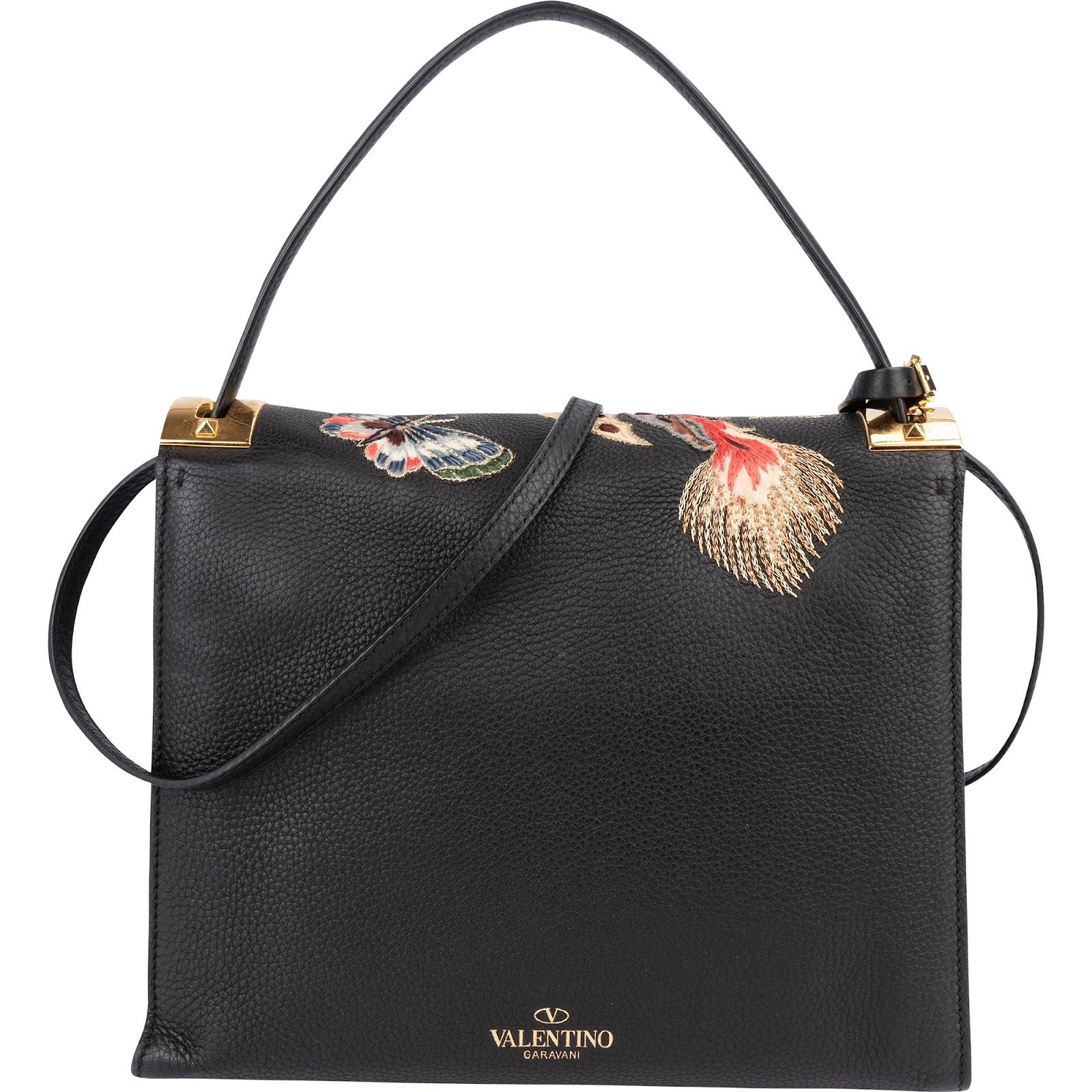 Valentino Black Leather Animal Fantasia Embroidered Joylock Top Handle Handbag