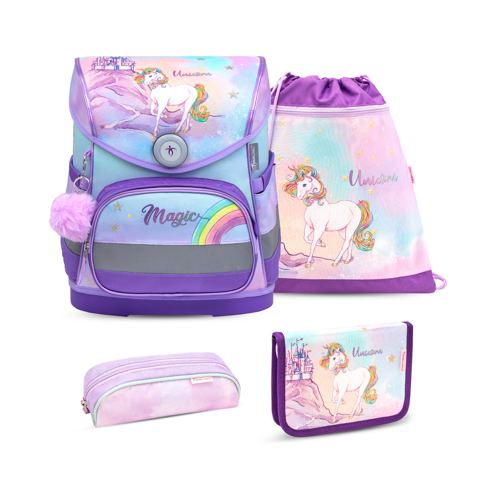 Compact ergonomisches Schulranzenset 4tlg. - Rainbow Unicorn Magic